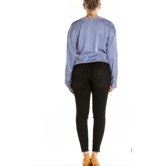 ANN TAYLOR Blue Striped Tie-Front Button Down Blouse Medium M EUC - Picture 5 of 11